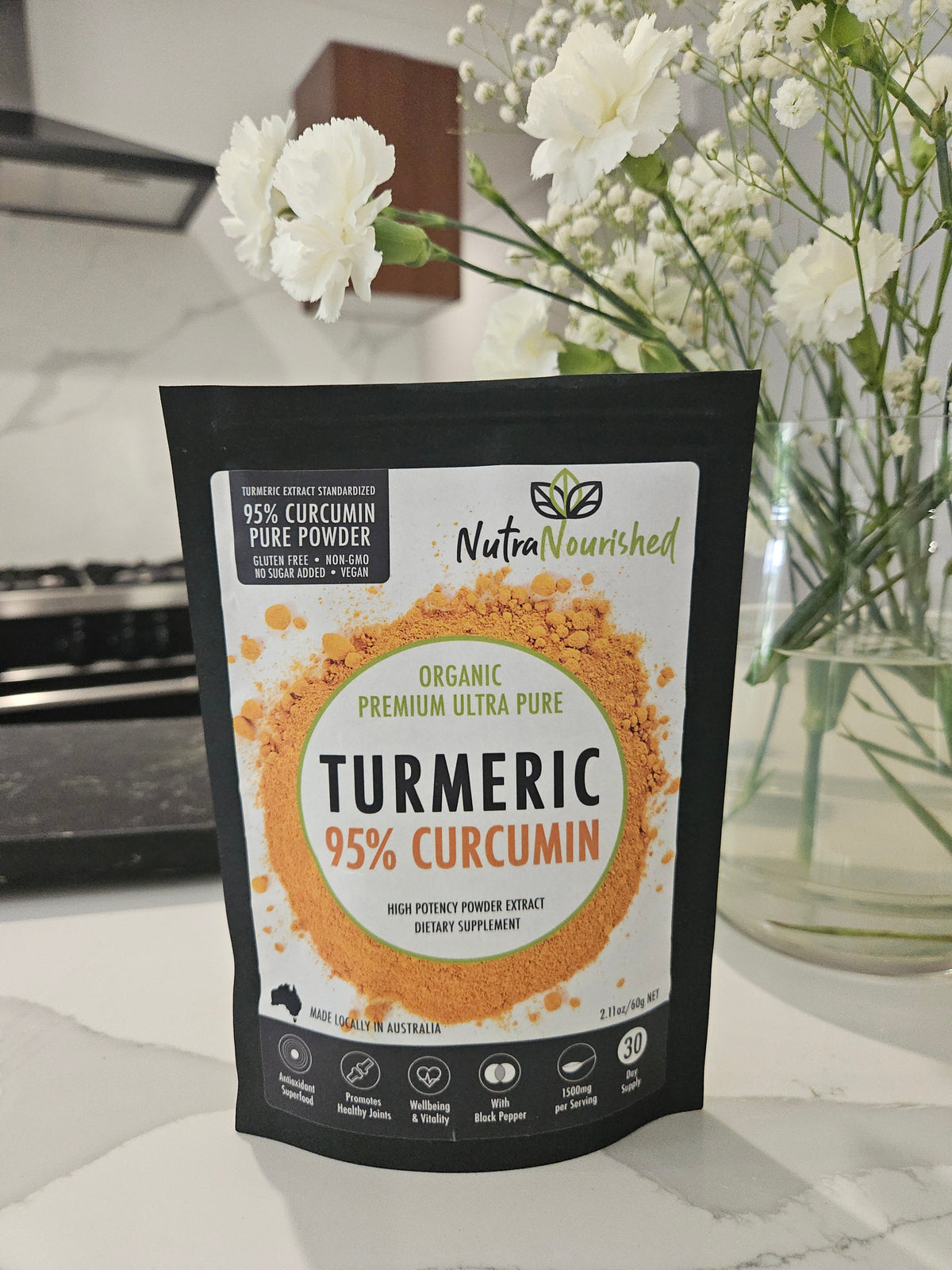 Pure Organic 95% Curcumin Powder (60g/1 month supply) - 1500mg of Turmeric Extract Buffered with Black Pepper V497-CURCUMIN-PURE-60-FBM
