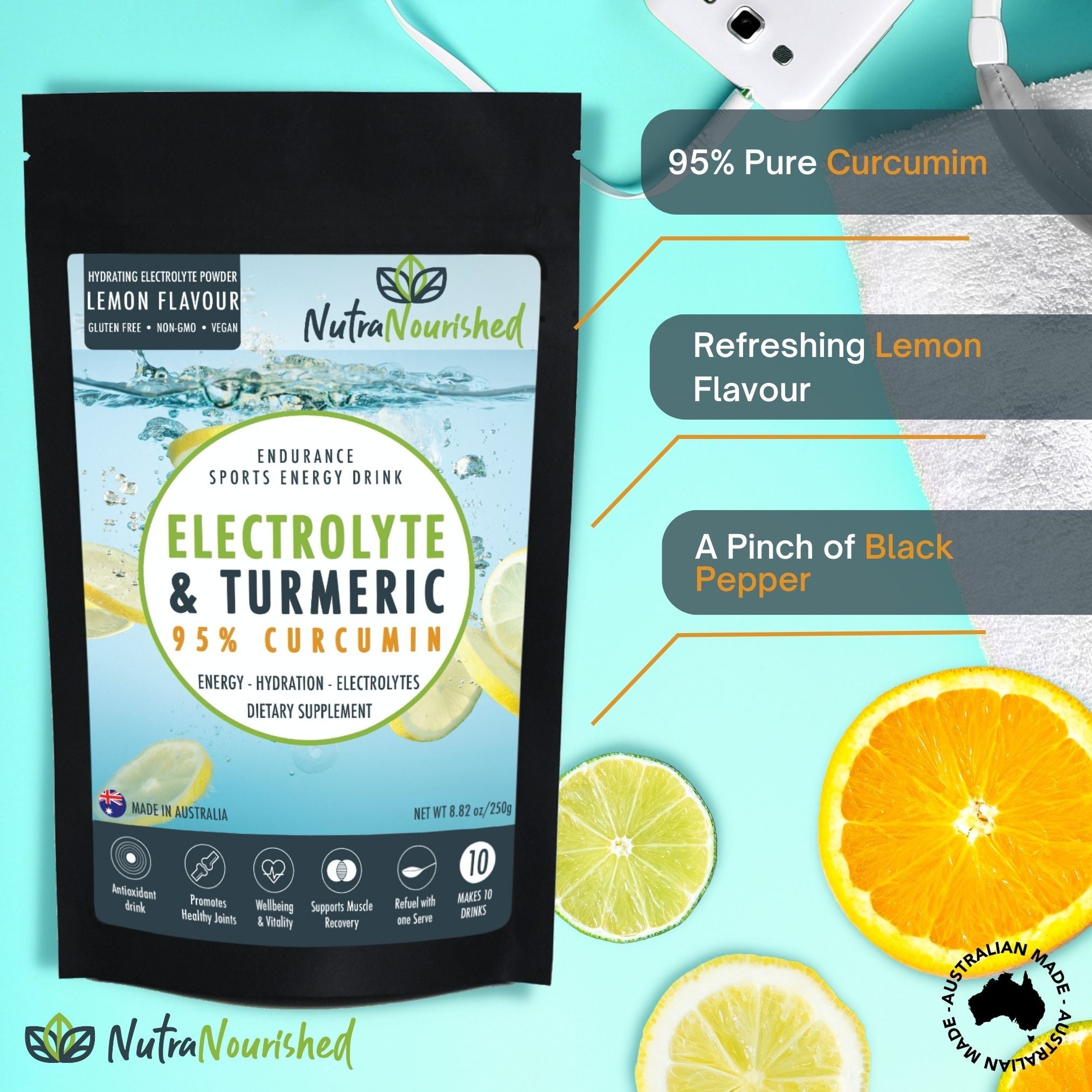 Electrolyte Powder & 95% Pure Organic Curcumin - Lemon Flavour, 250g V497-ELECTRO-CURC-250G-FBM