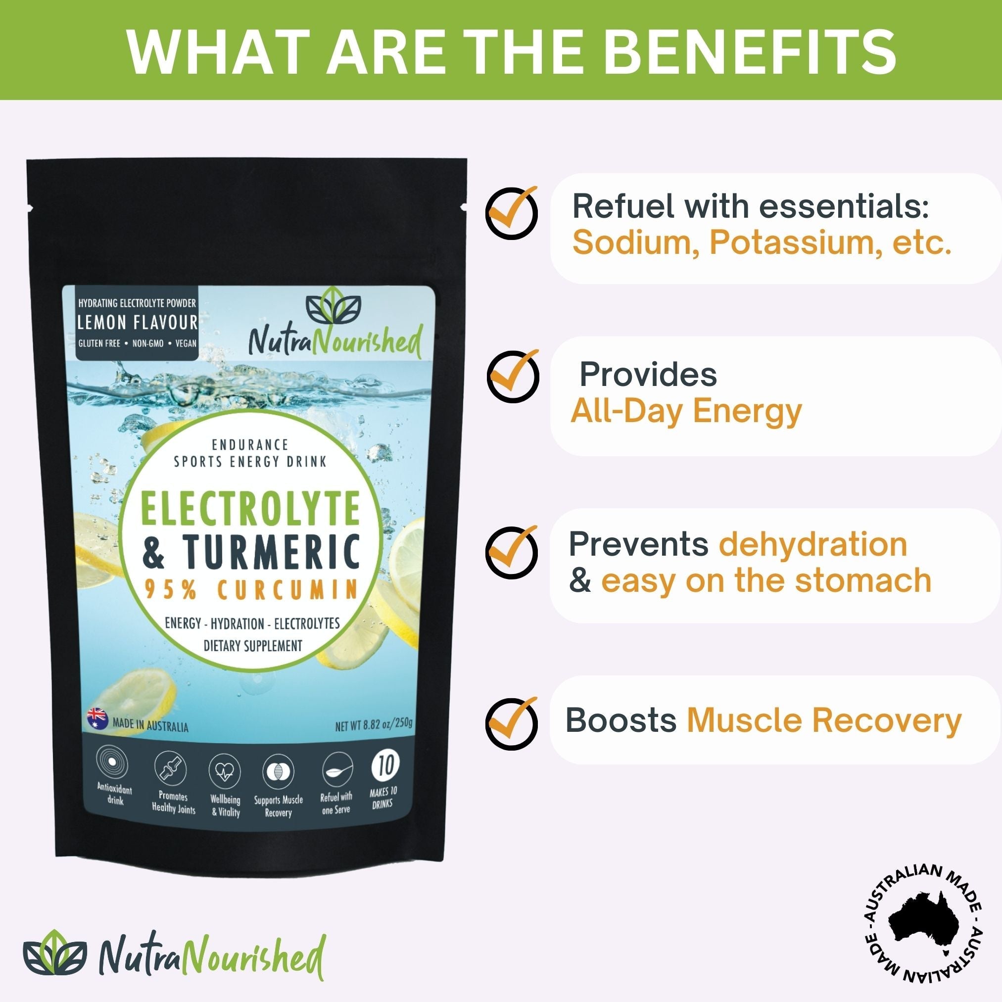 Electrolyte Powder & 95% Pure Organic Curcumin - Lemon Flavour, 250g V497-ELECTRO-CURC-250G-FBM