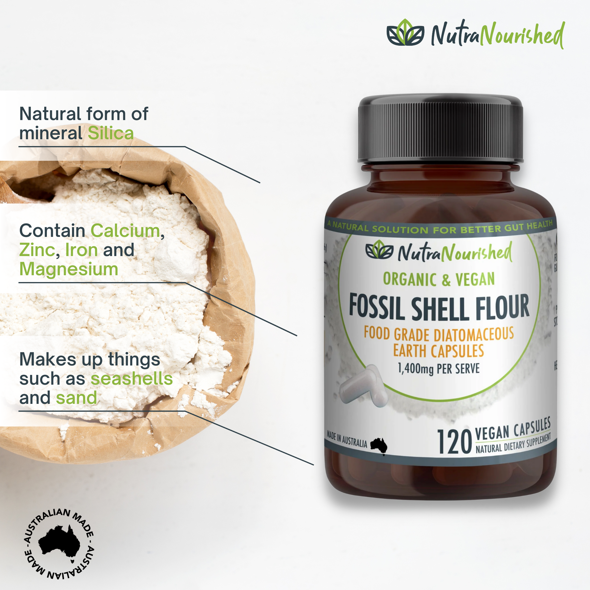 Fossil Shell Flour Capsules (vegan)- Food Grade Diatomaceous Earth 120 caps V497-FSF-CAPS-120