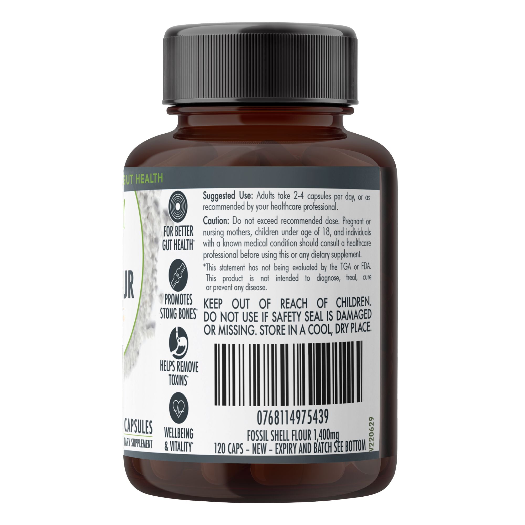 Fossil Shell Flour Capsules (vegan)- Food Grade Diatomaceous Earth 120 caps V497-FSF-CAPS-120