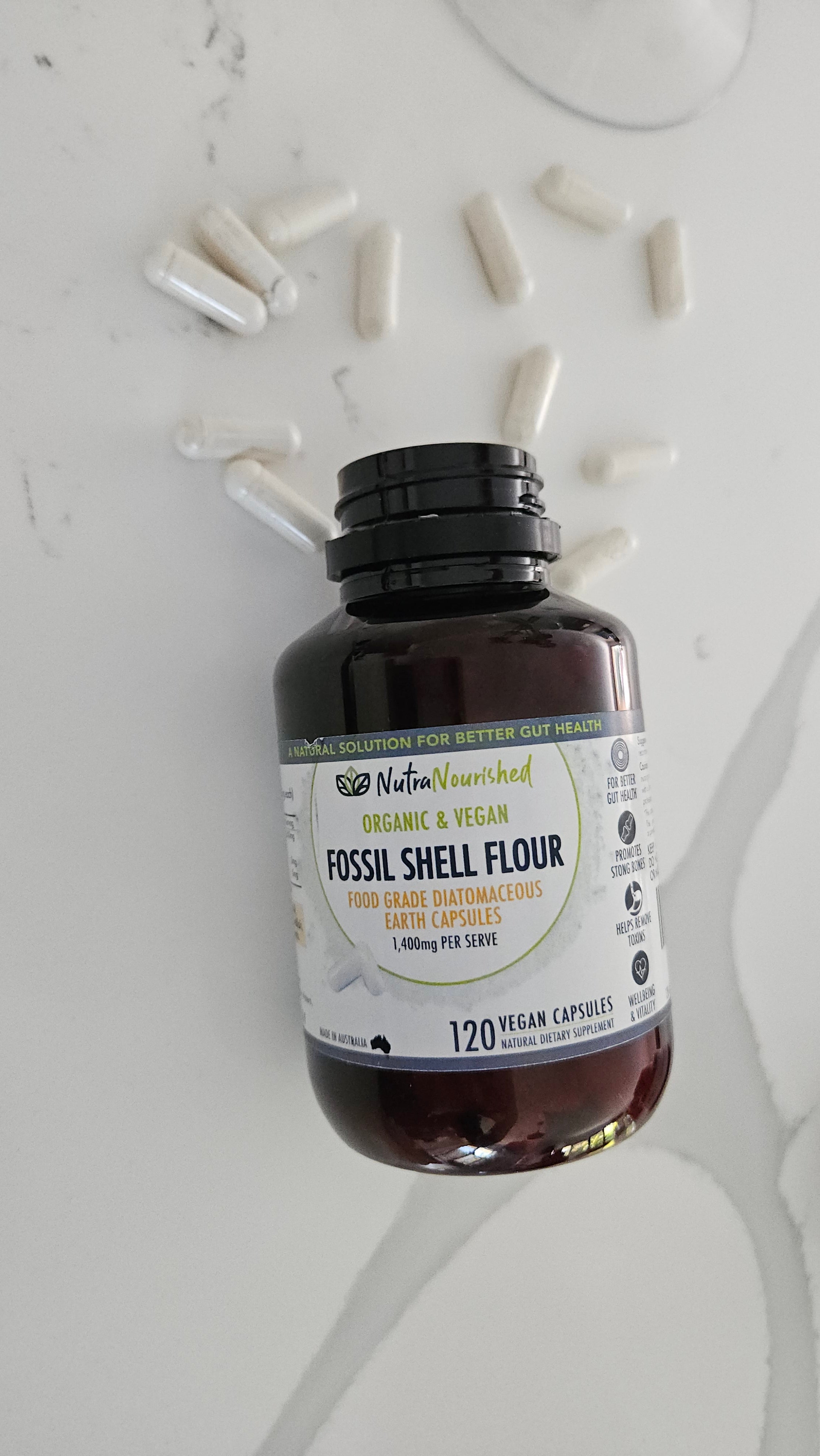 Fossil Shell Flour Capsules (vegan)- Food Grade Diatomaceous Earth 120 caps V497-FSF-CAPS-120
