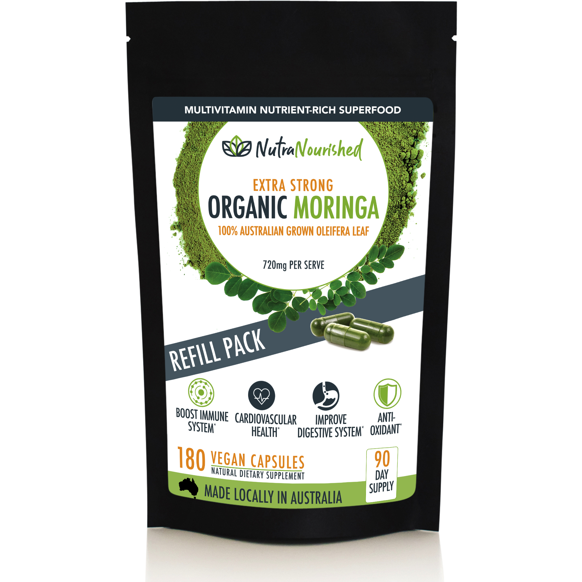 REFILL BAG - Organic Moringa Leaf Capsules - 180 Vegan Capsules V497-MORINGA-CAPS-180-REFILL