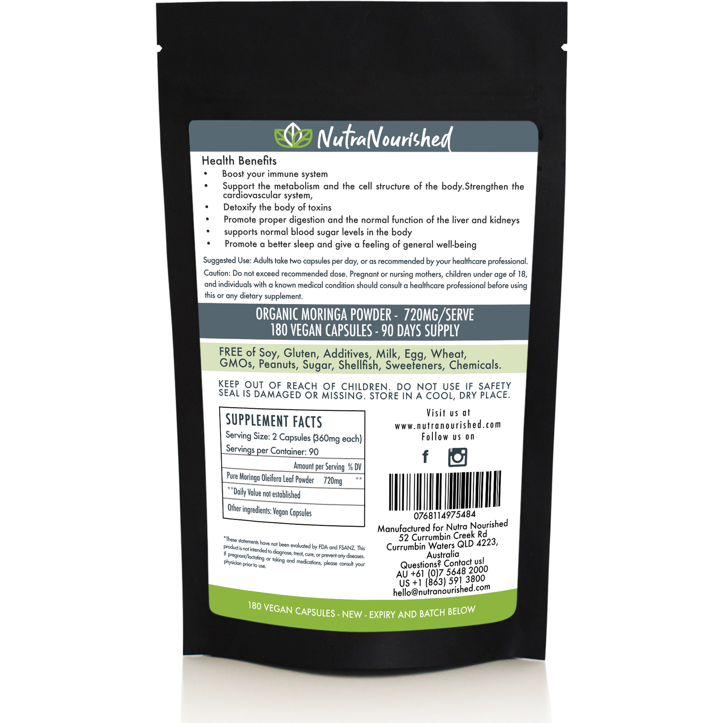 REFILL BAG - Organic Moringa Leaf Capsules - 180 Vegan Capsules V497-MORINGA-CAPS-180-REFILL