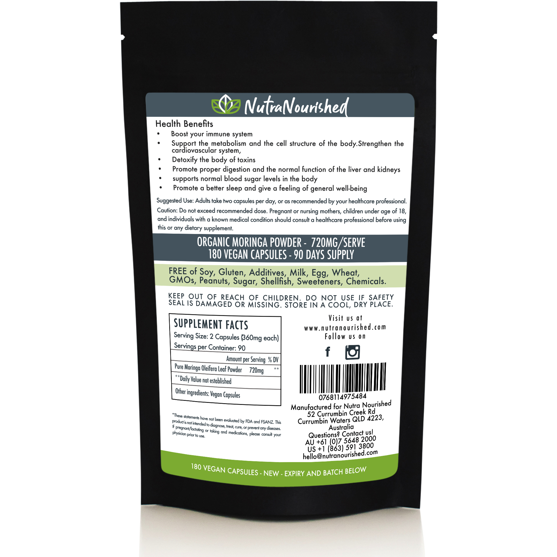 REFILL BAG - Organic Moringa Leaf Capsules - 180 Vegan Capsules V497-MORINGA-CAPS-180-REFILL