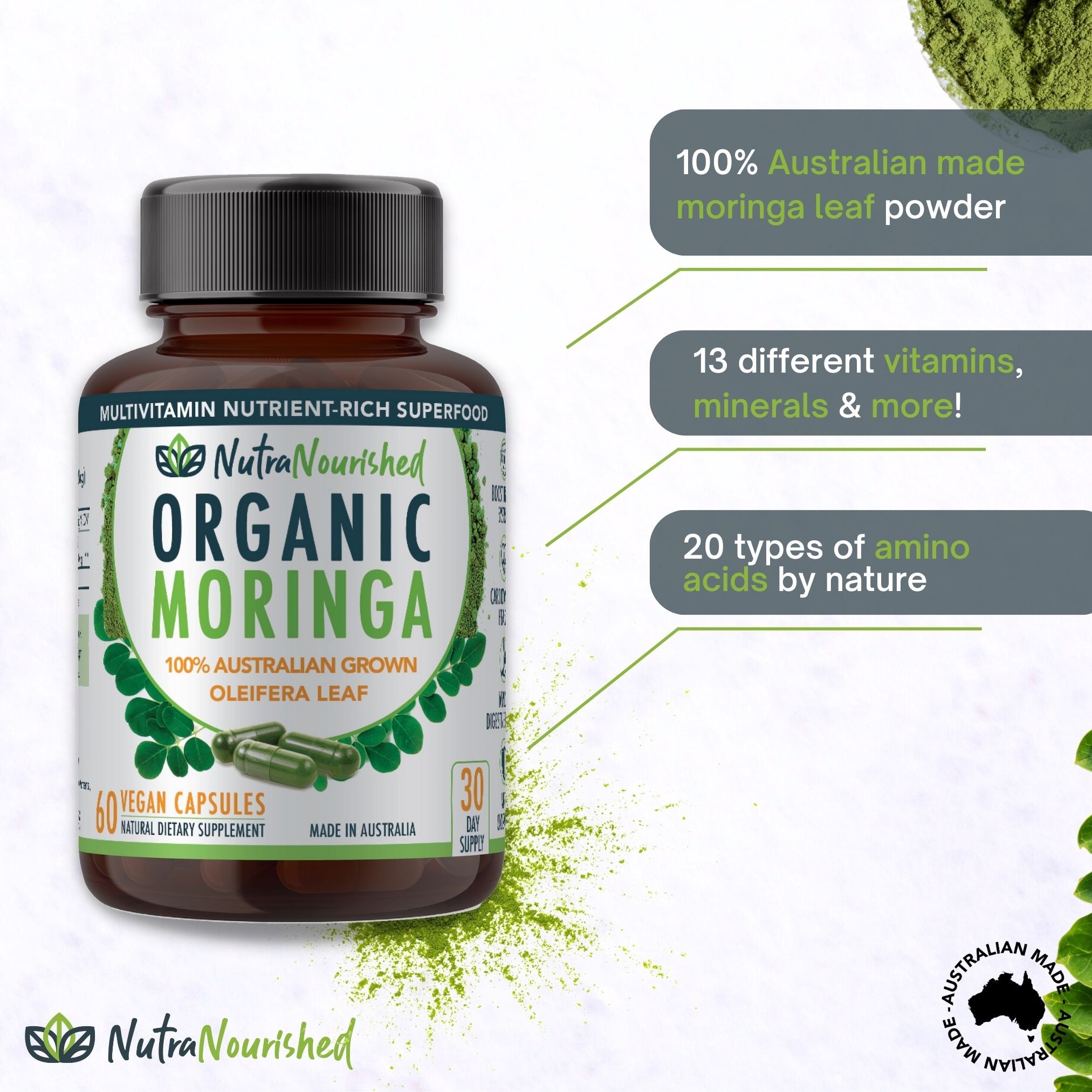 Organic Pure Moringa Leaf Capsules , 60 Vegan Capsules V497-MORINGA-CAPS-60