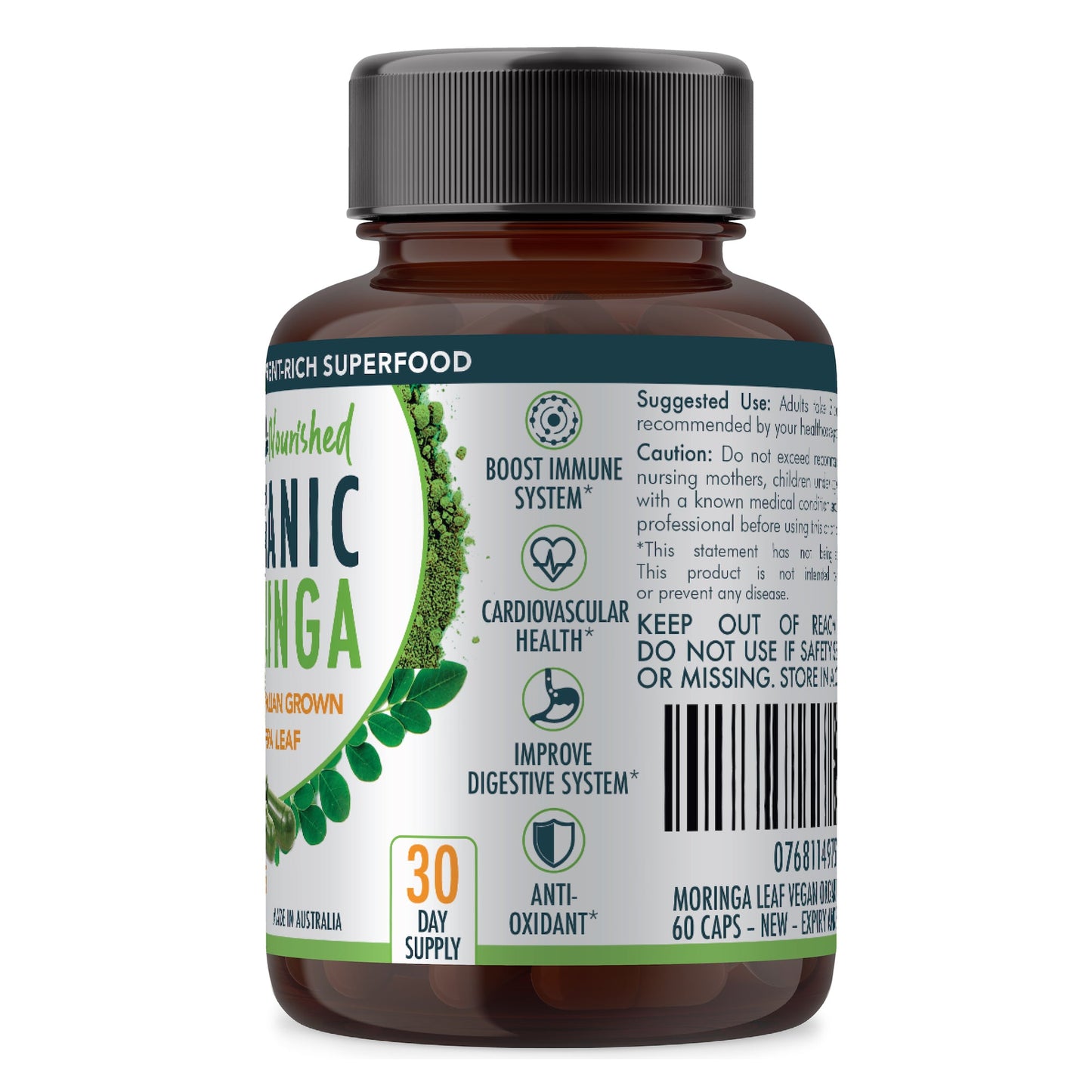 VALUE BUNDLE: Organic Pure Moringa Leaf Capsules - Australian Grown - 2 x 60 Vegan Capsules (2 Months Supply) V497-MORINGA_CAPS_120