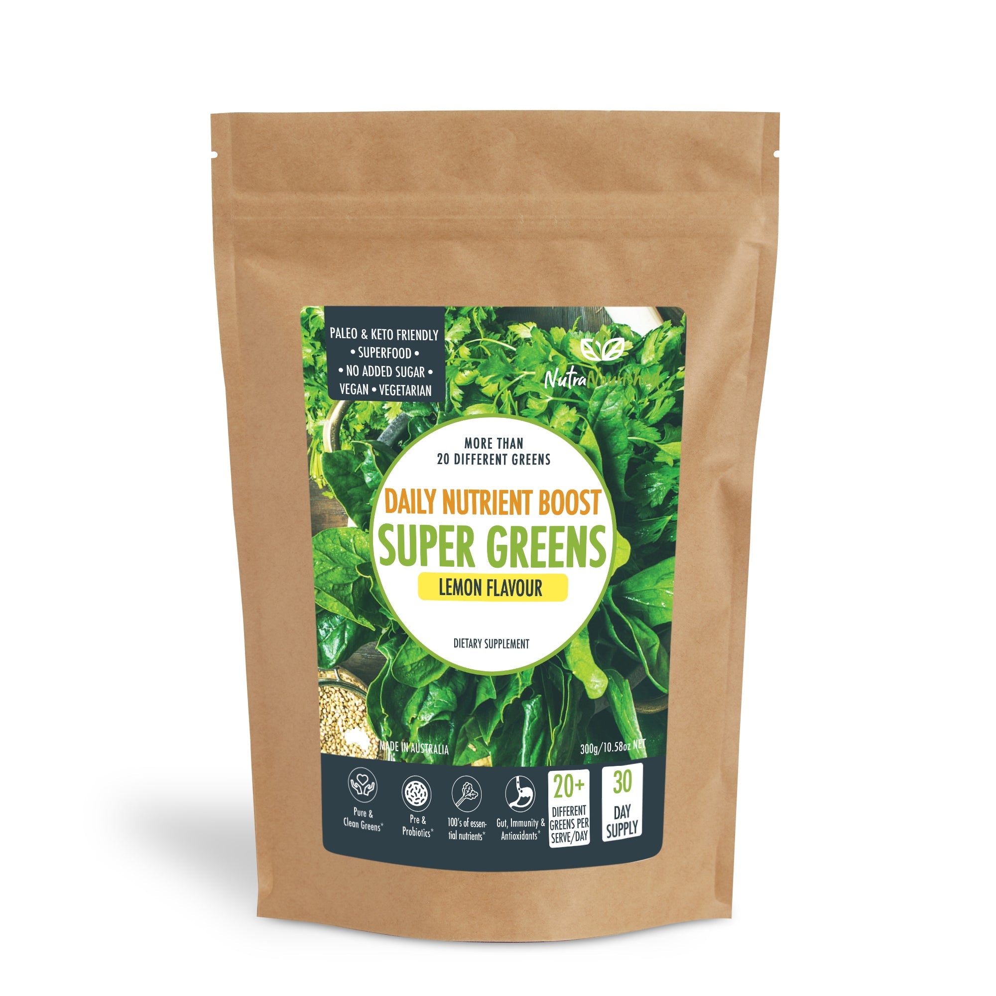 Super Greens Powder - Energising Superfood Blend - Nutrients and Vitamins of 20 Greens - 300g V497-SUPER_GREENS_300G_FBM