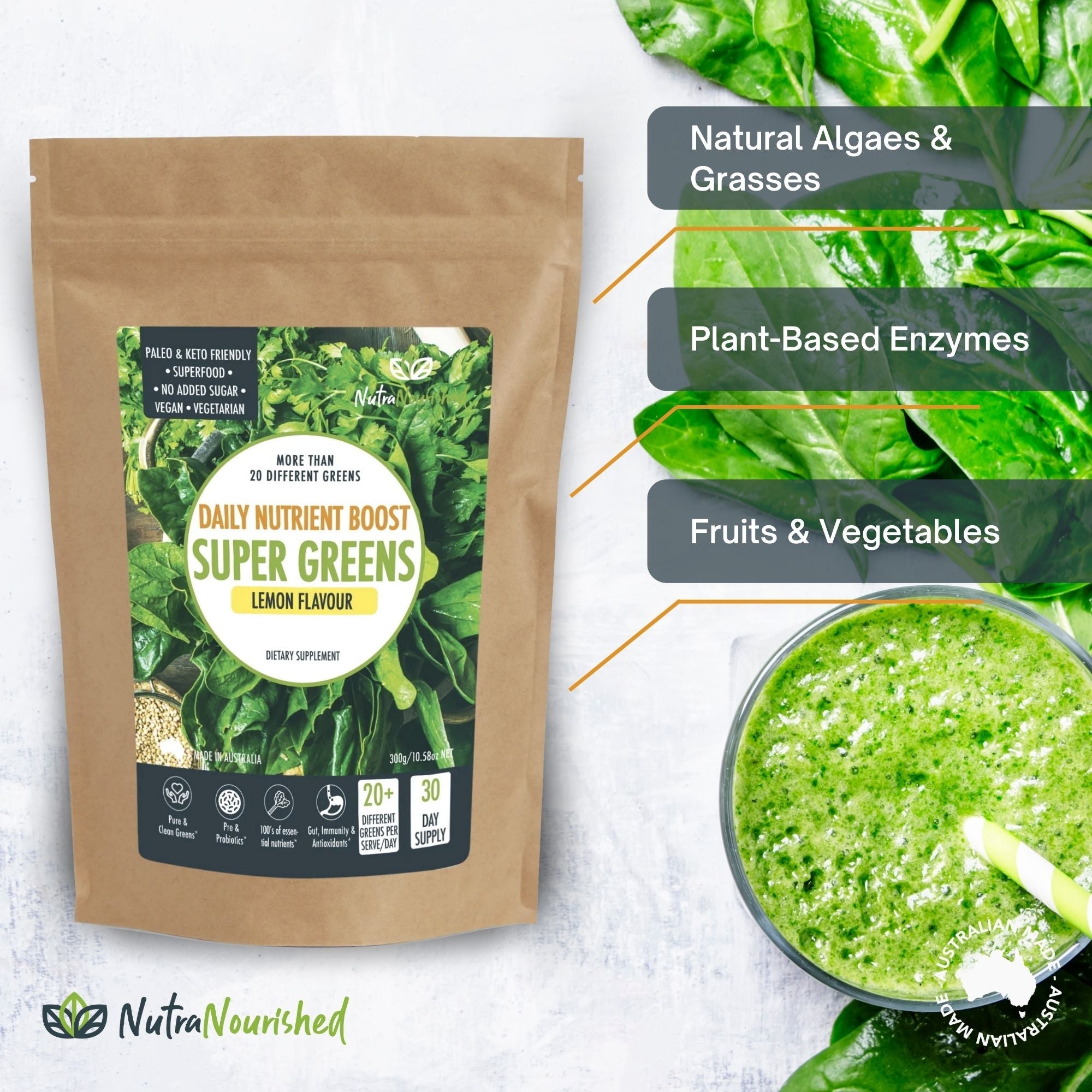 Super Greens Powder - Energising Superfood Blend - Nutrients and Vitamins of 20 Greens - 300g V497-SUPER_GREENS_300G_FBM