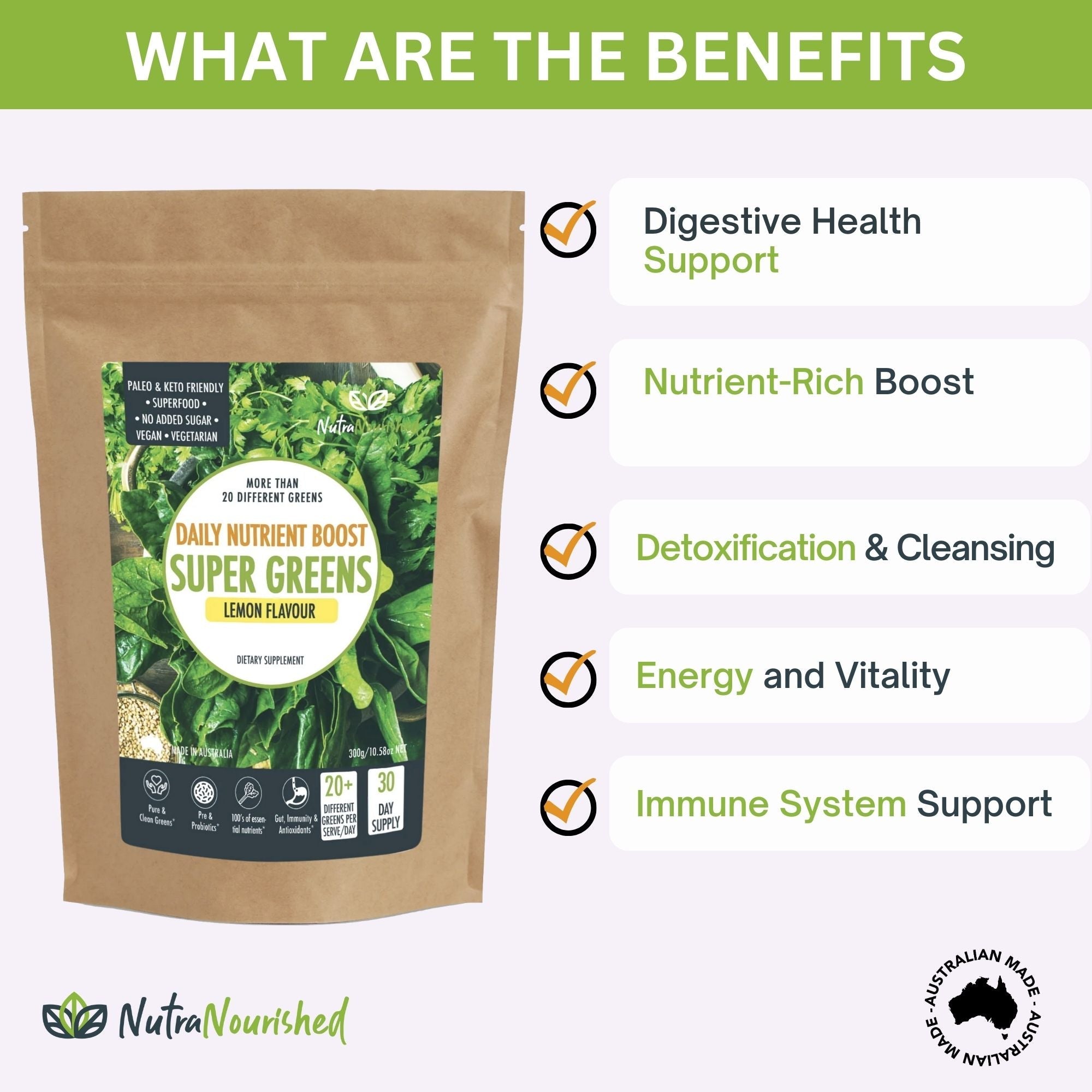 Super Greens Powder - Energising Superfood Blend - Nutrients and Vitamins of 20 Greens - 300g V497-SUPER_GREENS_300G_FBM