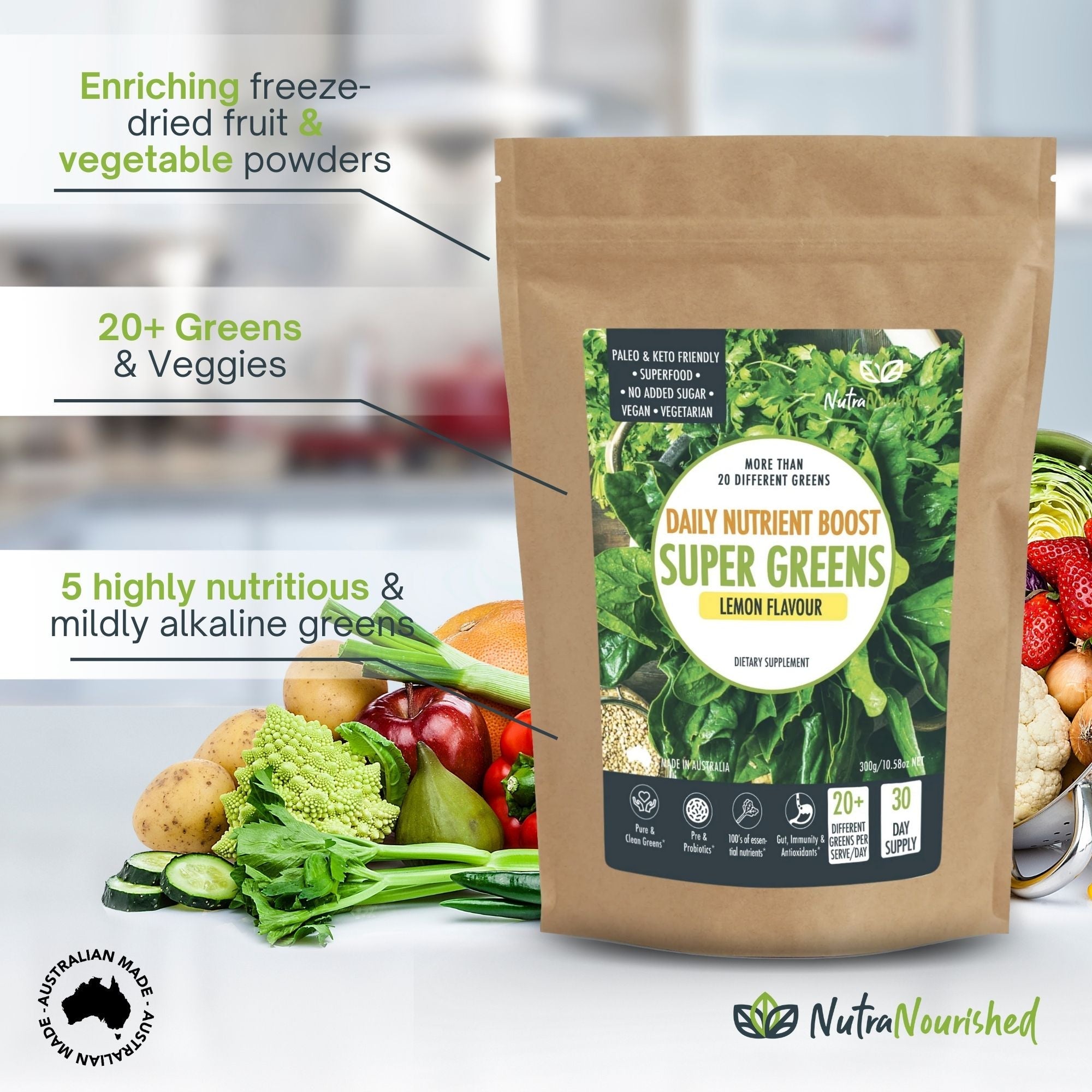 Super Greens Powder - Energising Superfood Blend - Nutrients and Vitamins of 20 Greens - 300g V497-SUPER_GREENS_300G_FBM