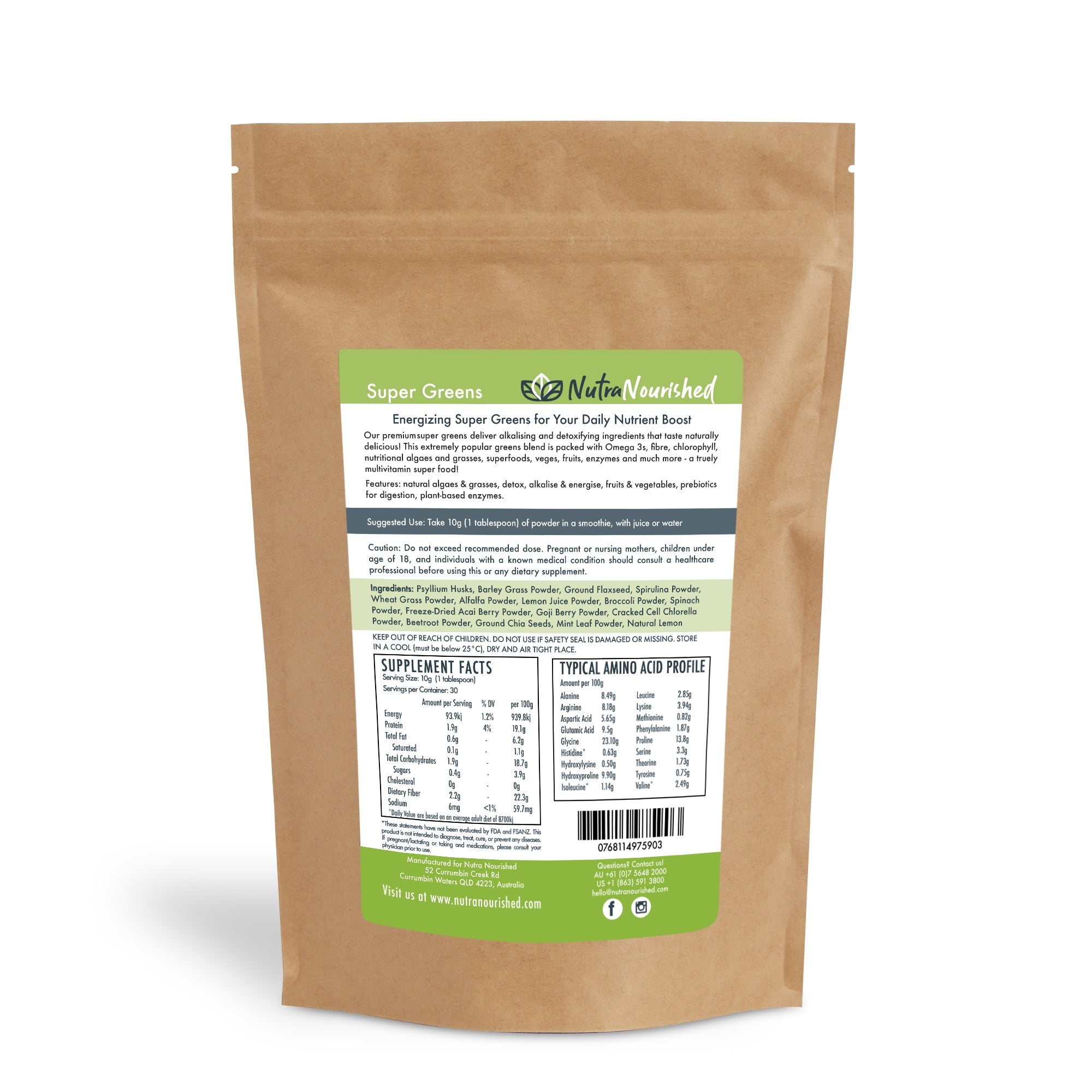 Super Greens Powder - Energising Superfood Blend - Nutrients and Vitamins of 20 Greens - 300g V497-SUPER_GREENS_300G_FBM