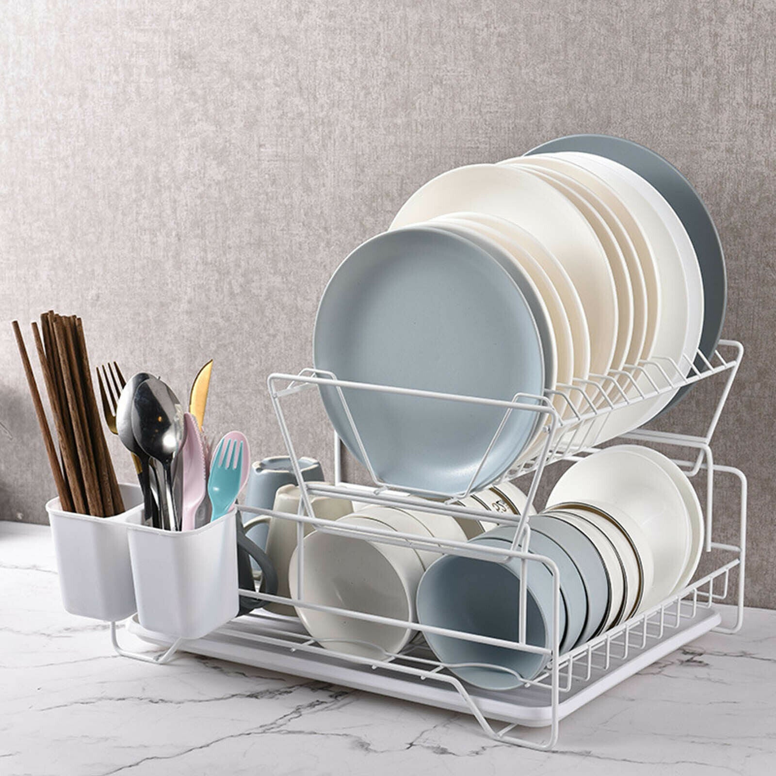 2 Tier Dish Drainer with Cutlery Holder White V498-2TIERSHELFWH