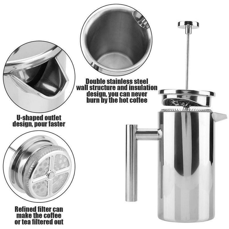Silver French Press Coffee Maker 1000ml with Coffee Bean Can + Extra Filter Gift Set V498-FRENCHPRESS1000SETSL