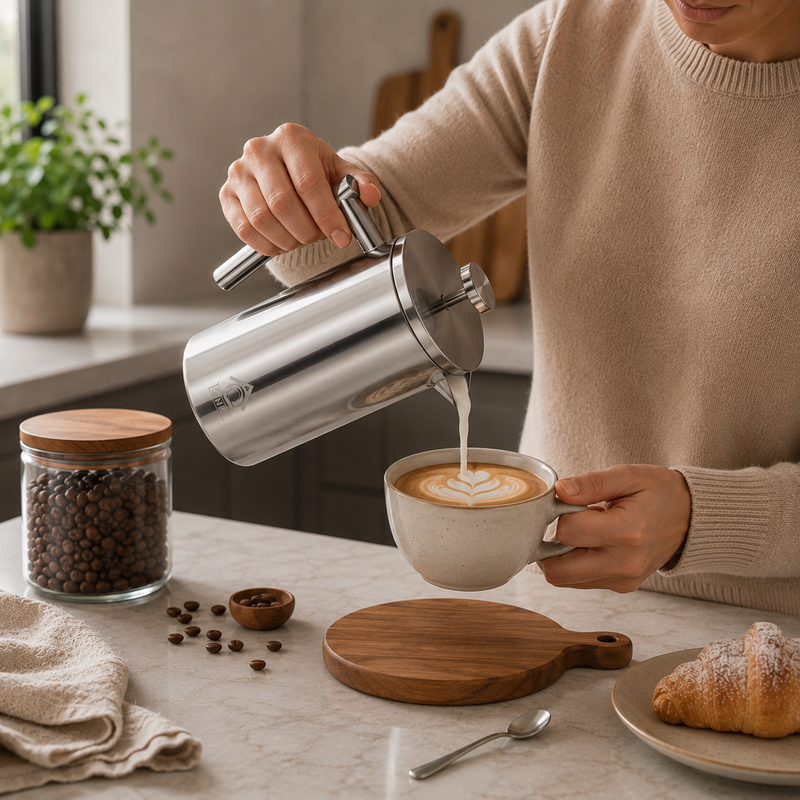 Silver French Press Coffee Maker 1000ml with Coffee Bean Can + Extra Filter Gift Set V498-FRENCHPRESS1000SETSL