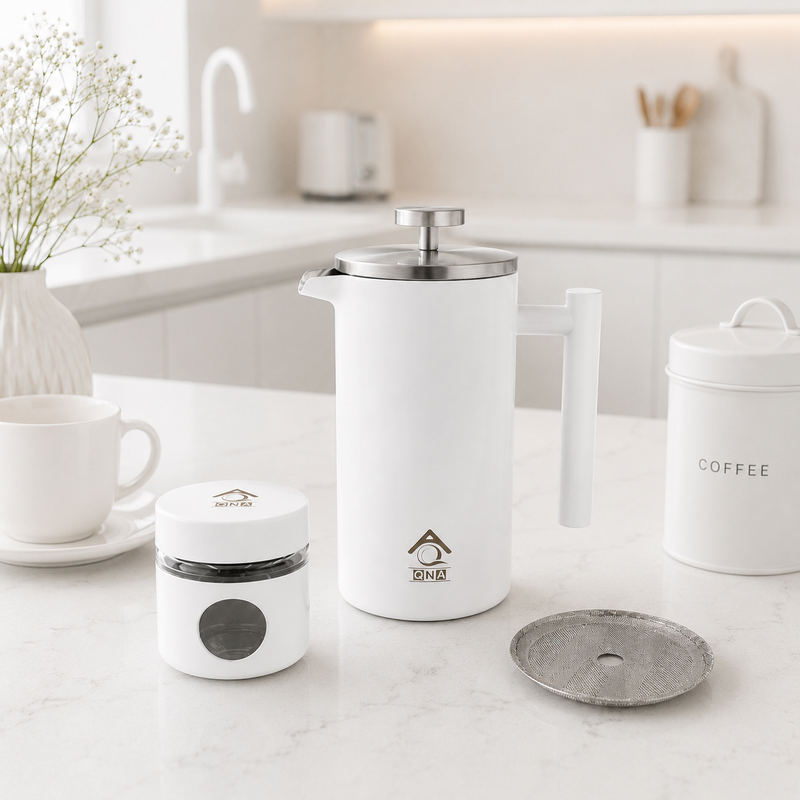 White French Press Coffee Maker 1000ml with Coffee Bean Can + Extra Filter Gift Set V498-FRENCHPRESS1000SETWH
