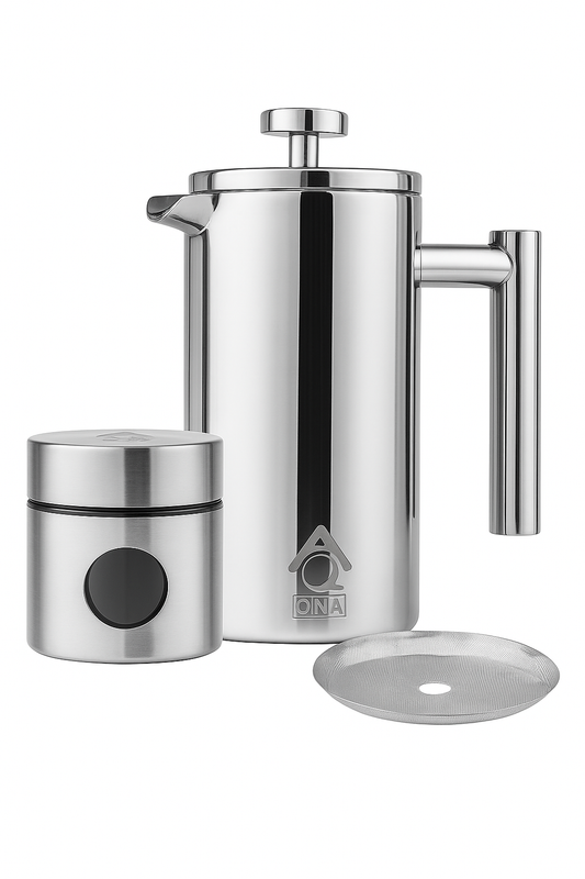Silver French Press Coffee Maker 350ml with Coffee Bean Can + Extra Filter Gift Set