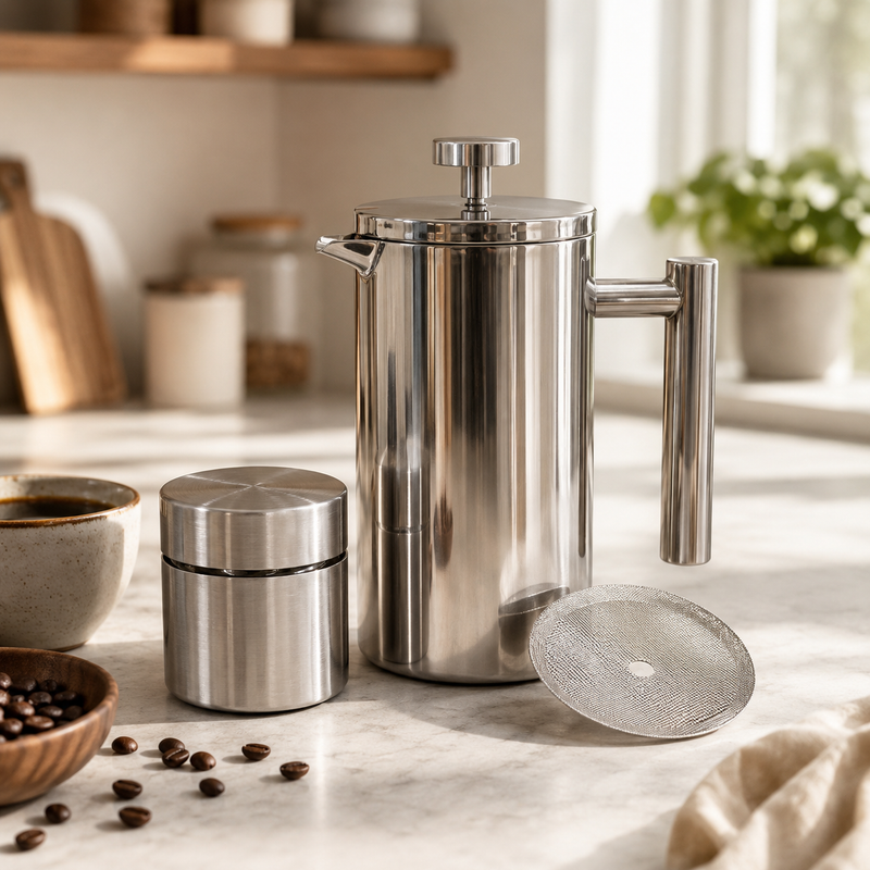 Silver French Press Coffee Maker 350ml with Coffee Bean Can + Extra Filter Gift Set