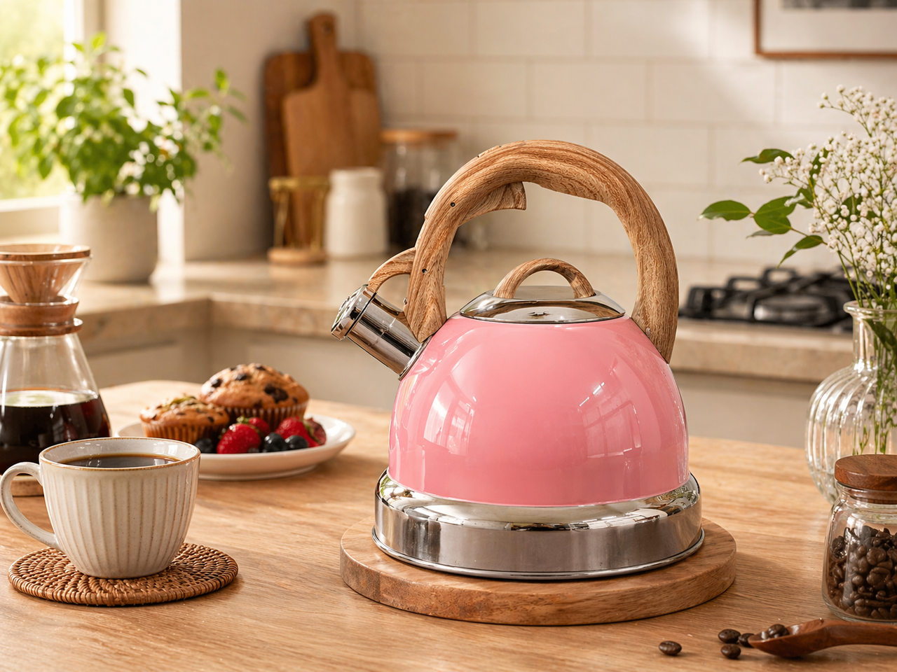 2.9L Whistling Kettle Stainless Steel Foldable Handle Camping Home Office Pink V498-KETTLEPINK