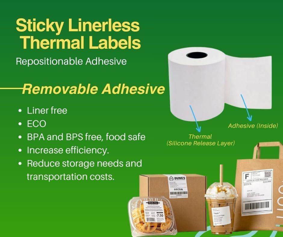 6 Rolls Linerless Printing Label Paper 80 mm x 52 m for Takeaway Shop Restaurant V498-LINELESS PAPER