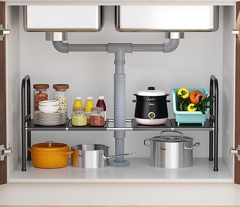 Extendable Storage Rack Under Sink Shelf Kitchen Organizer black V498-SINKRACK