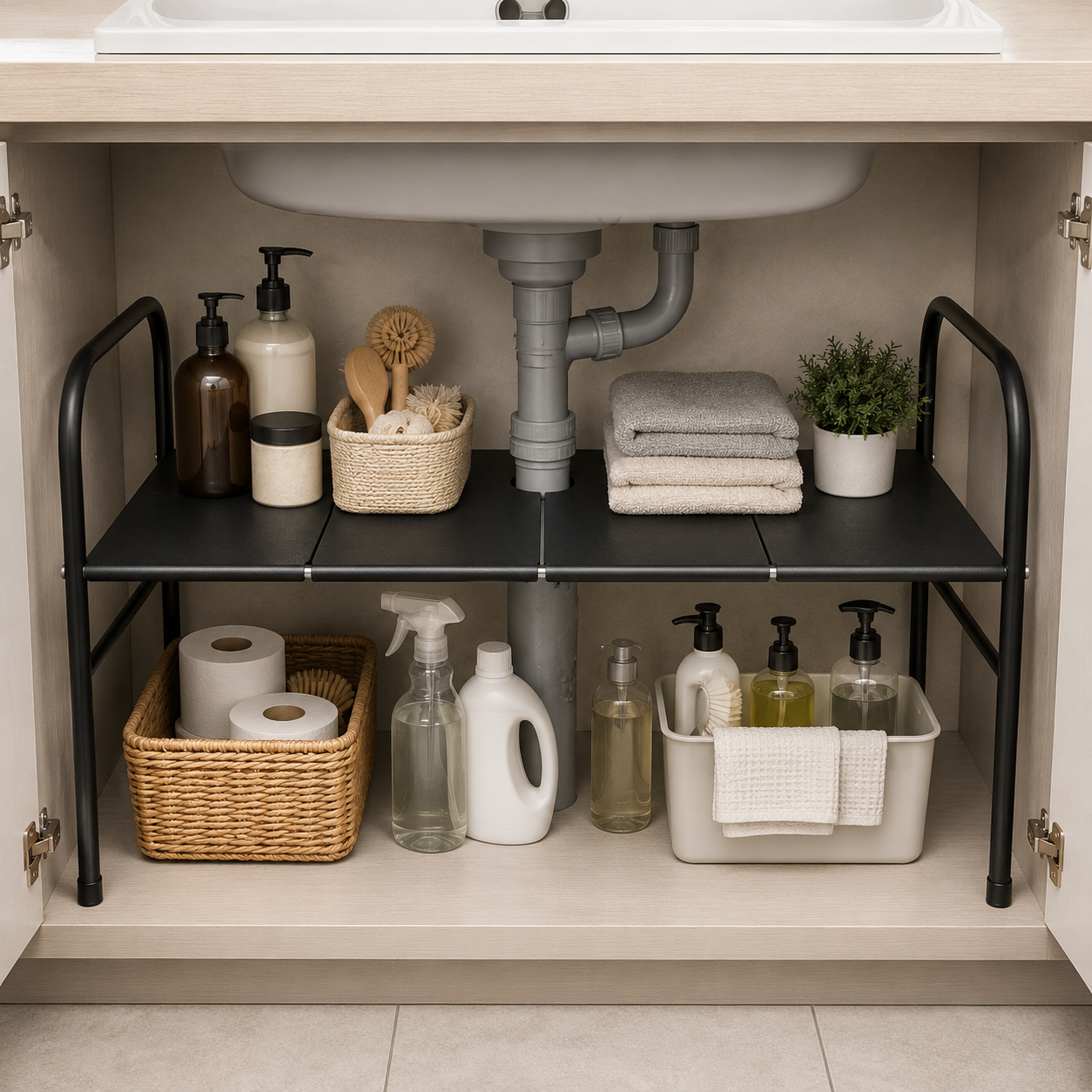 Extendable Storage Rack Under Sink Shelf Kitchen Organizer black V498-SINKRACK