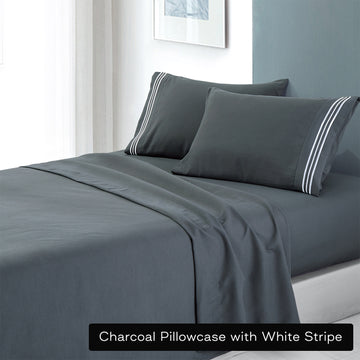 soft microfibre embroidered stripe sheet set queen charcoal pillowcase white stripe V517-EBMF1000-Q-CHA