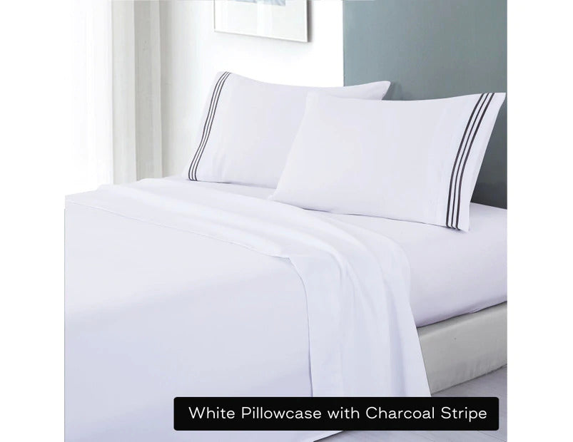 soft microfibre embroidered stripe sheet set queen white pillowcase charcoal stripe V517-EBMF1000-Q-WCHA