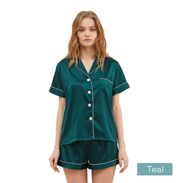2pc satin short women pajamas set large teal V517-PJSHORT-L-TE