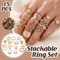 Gold Hollow Stackable Joint Ring Set 15 PCS Various Styles Versatile Womens V528-01-2272-592031