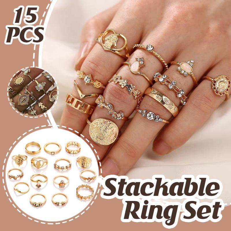 Gold Hollow Stackable Joint Ring Set 15 PCS Various Styles Versatile Womens V528-01-2272-592031