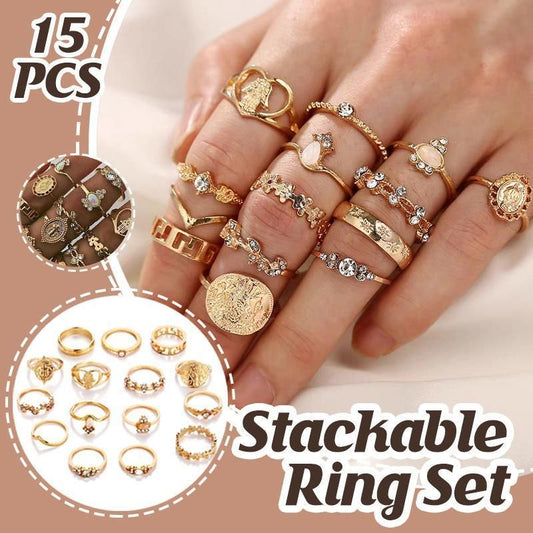 Gold Hollow Stackable Joint Ring Set 15 PCS Various Styles Versatile Womens V528-01-2272-592031