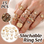 Gold Hollow Stackable Joint Ring Set 15 PCS Various Styles Versatile Womens V528-01-2272-592031