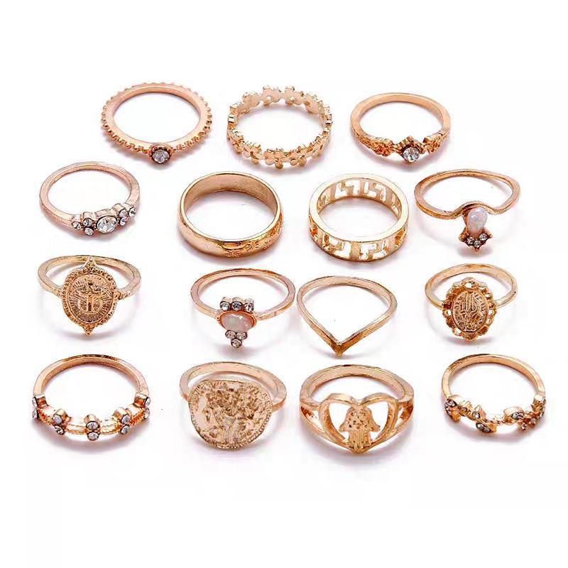 Gold Hollow Stackable Joint Ring Set 15 PCS Various Styles Versatile Womens V528-01-2272-592031