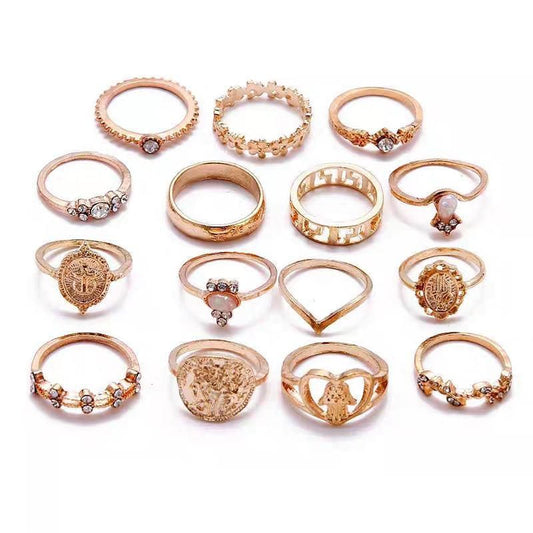 Gold Hollow Stackable Joint Ring Set 15 PCS Various Styles Versatile Womens V528-01-2272-592031