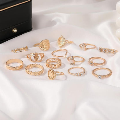 Gold Hollow Stackable Joint Ring Set 15 PCS Various Styles Versatile Womens V528-01-2272-592031