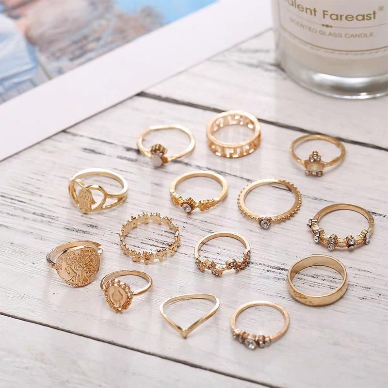 Gold Hollow Stackable Joint Ring Set 15 PCS Various Styles Versatile Womens V528-01-2272-592031