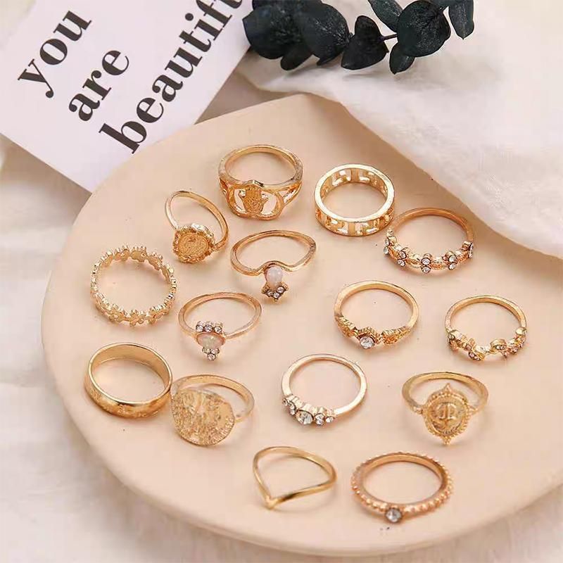 Gold Hollow Stackable Joint Ring Set 15 PCS Various Styles Versatile Womens V528-01-2272-592031