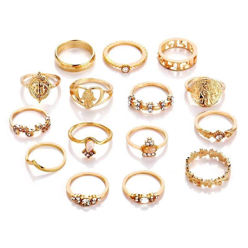 Gold Hollow Stackable Joint Ring Set 15 PCS Various Styles Versatile Womens V528-01-2272-592031