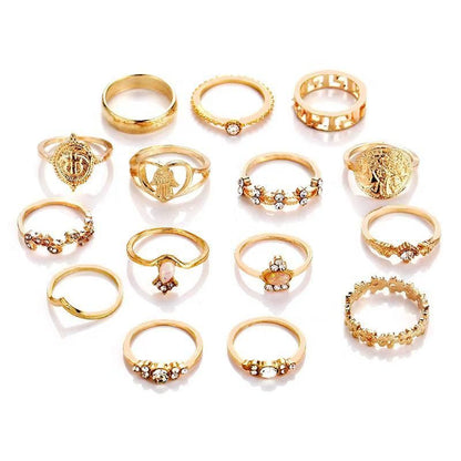 Gold Hollow Stackable Joint Ring Set 15 PCS Various Styles Versatile Womens V528-01-2272-592031