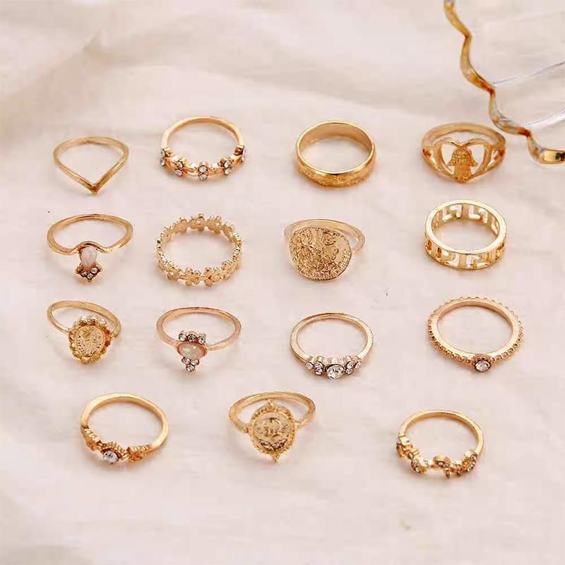 Gold Hollow Stackable Joint Ring Set 15 PCS Various Styles Versatile Womens V528-01-2272-592031