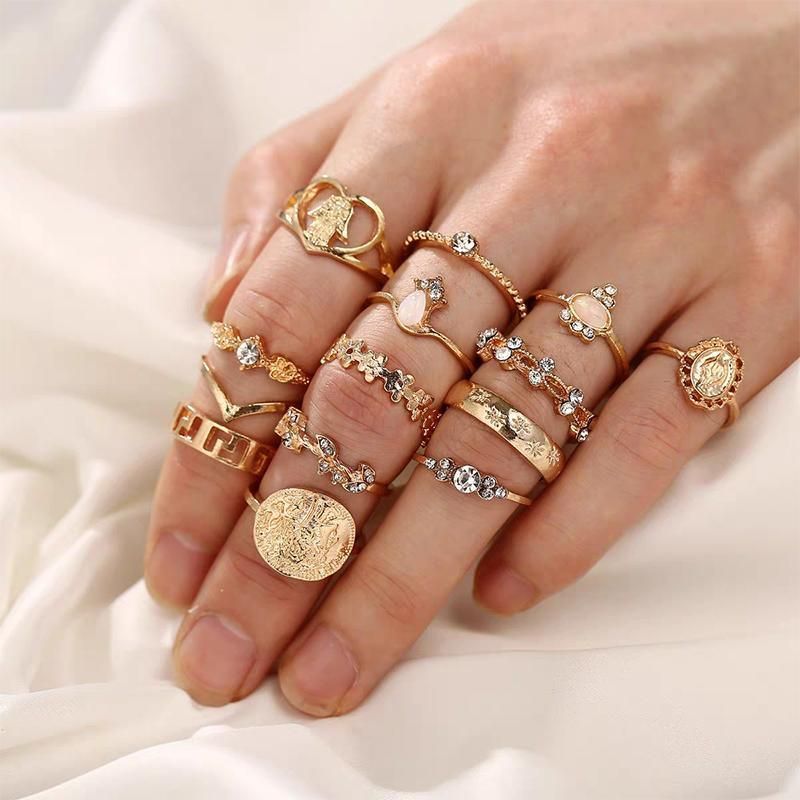 Gold Hollow Stackable Joint Ring Set 15 PCS Various Styles Versatile Womens V528-01-2272-592031