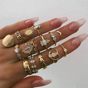 Gold Hollow Stackable Joint Ring Set 15 PCS Various Styles Versatile Womens V528-01-2272-592031