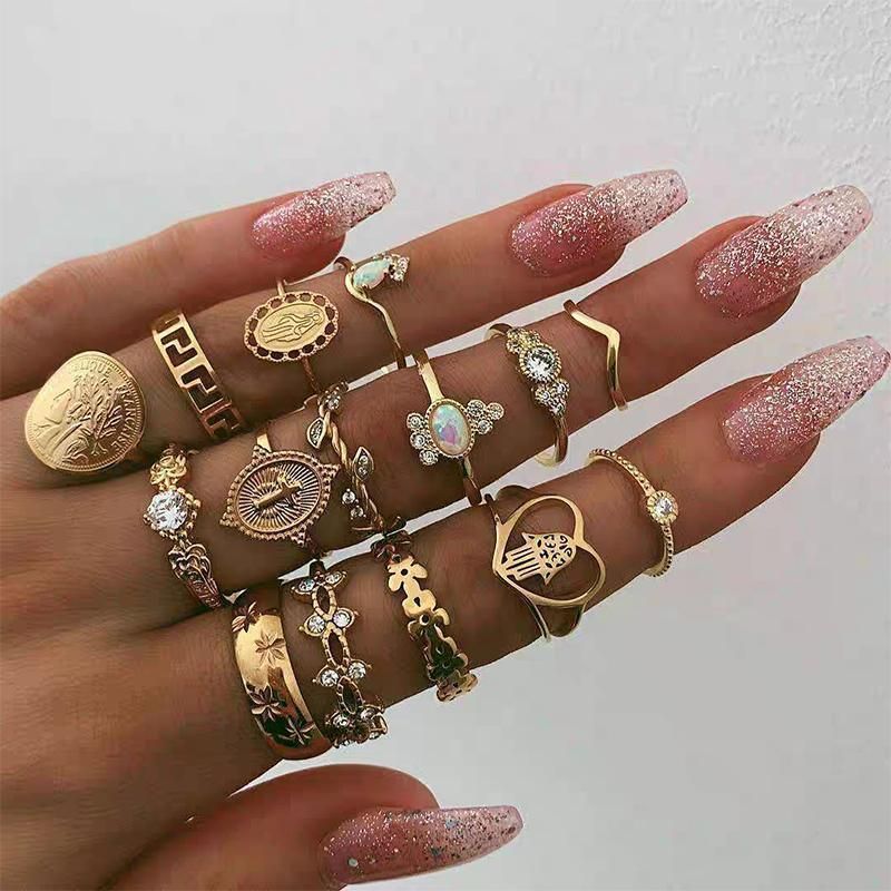 Gold Hollow Stackable Joint Ring Set 15 PCS Various Styles Versatile Womens V528-01-2272-592031