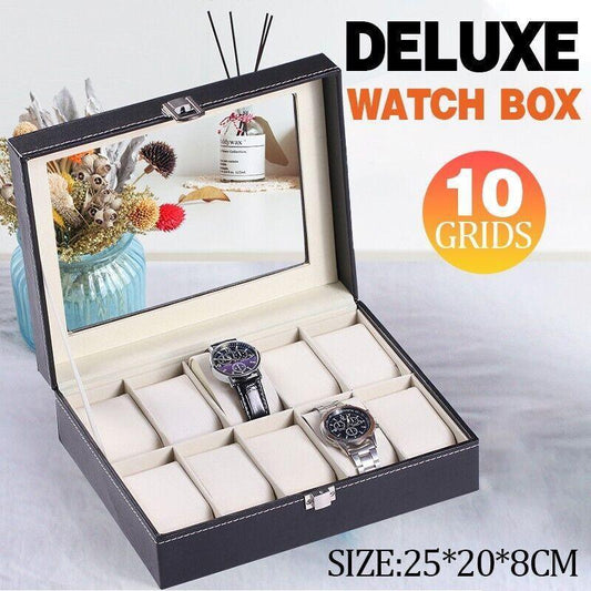 Leather Watch Jewelry Display Storage Holder Case 10 Grids Box Organizer V528-10GRIDSWATCHBO-573410