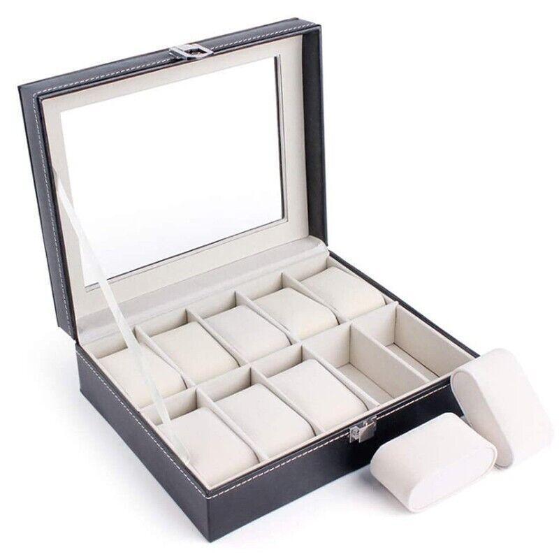 Leather Watch Jewelry Display Storage Holder Case 10 Grids Box Organizer V528-10GRIDSWATCHBO-573410