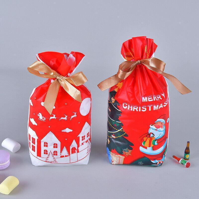 10pcs Christmas Candy Bags Gift Treat Drawstring Pouches Biscuit Cookie Packaging - 10Pcs Bag-White House V528-10PCSBAG-WHITEHOUSE-367251