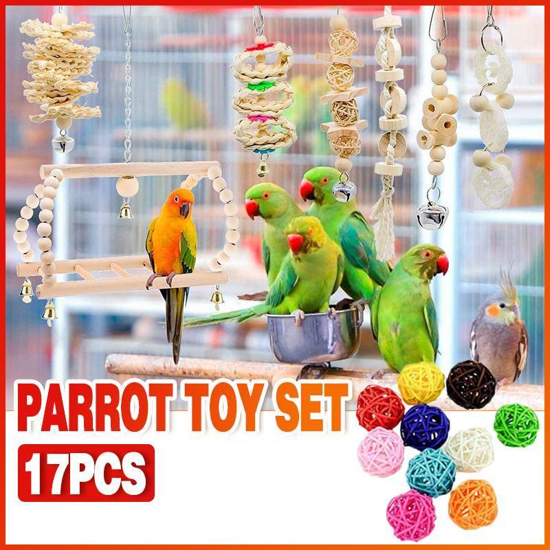17PCS Bird Toys Parrot Swing Toys Chewing Hanging Bell Cockatiel Cage Toy Set V528-17PCSPARROTTOYSET-504828