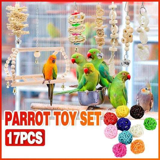 17PCS Bird Toys Parrot Swing Toys Chewing Hanging Bell Cockatiel Cage Toy Set V528-17PCSPARROTTOYSET-504828