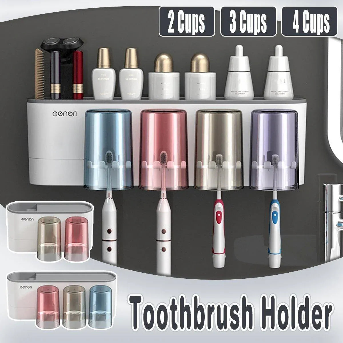 Bathroom Wall Mounted Toothbrush Holder Toothpaste Stand Storage Rack With Cup - Two Cups Set V528-2CUPS-TOOTHPASTEDISPENSER-706571